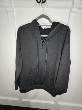 Women's Lace-Up Crewneck Hoodie - Dark Gray